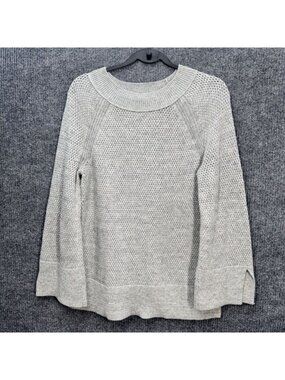 LOFT Knit Sweater Womens Medium Heather Gray Bell Long Sleeve Crew Neck Woven